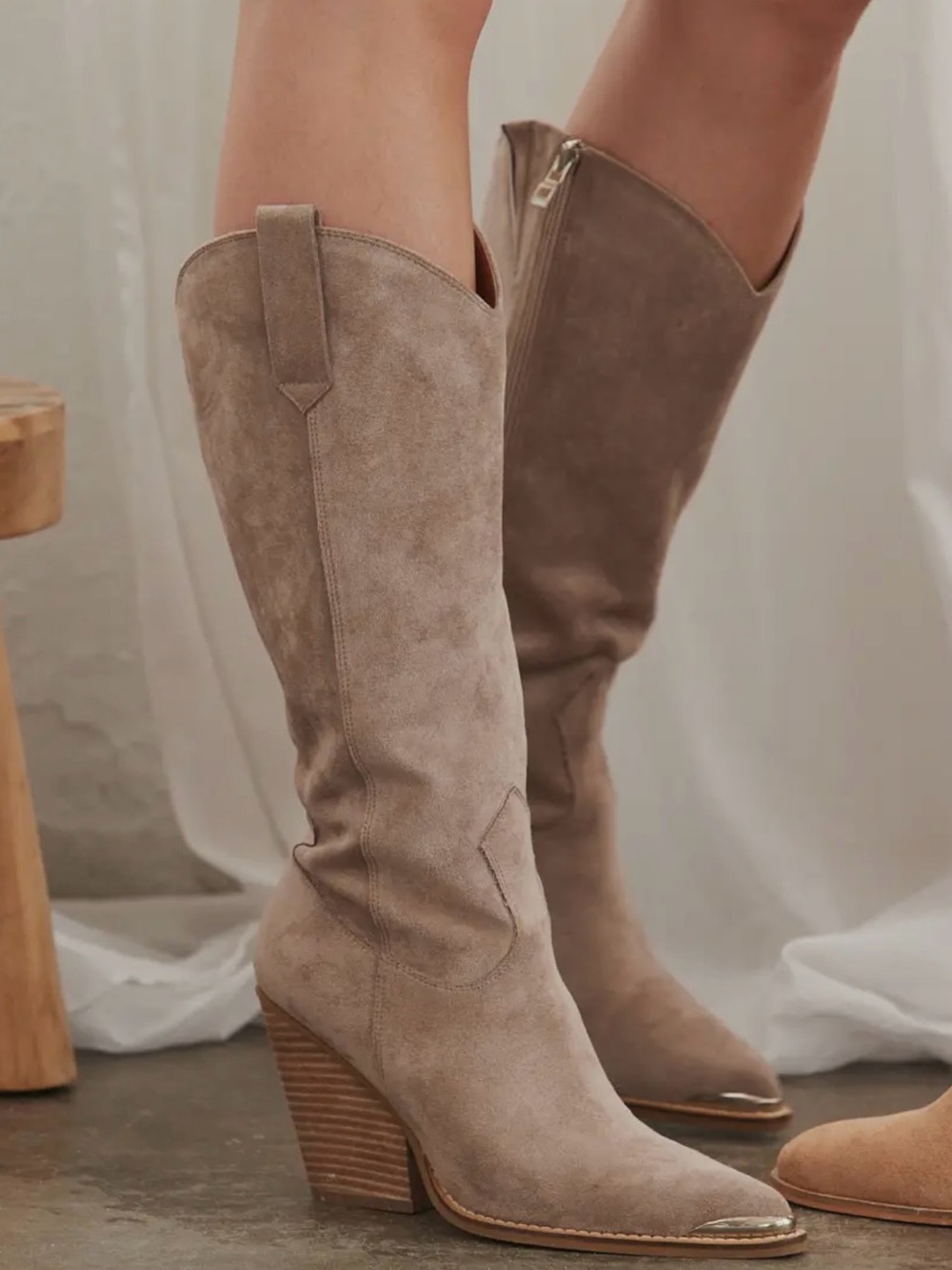 CCOCCI Women's Suede Mid-Calf Stacked Heel Boots - Beige